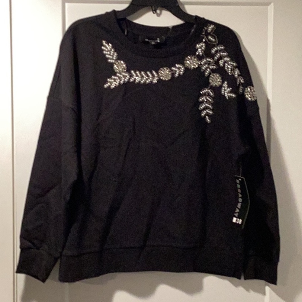Broadway 38 Womens 1X Black Beaded Embroidered Cotton Sweatshirt NWT